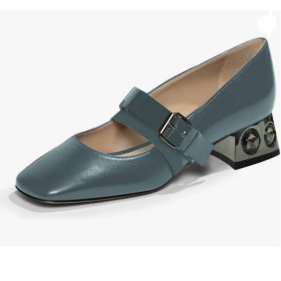 YDN Shoes - YDN Teal Pumps Elastic Mary Jane Studded Block Low Heel Square Toe Buckle Shoe